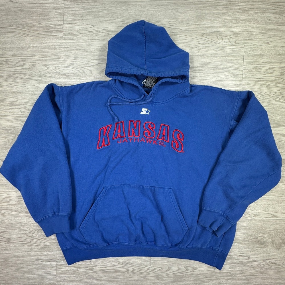 Starter Men's Hoodie Kansas Jayhawks Blue XL Embroidered Pullover Sweatshirt